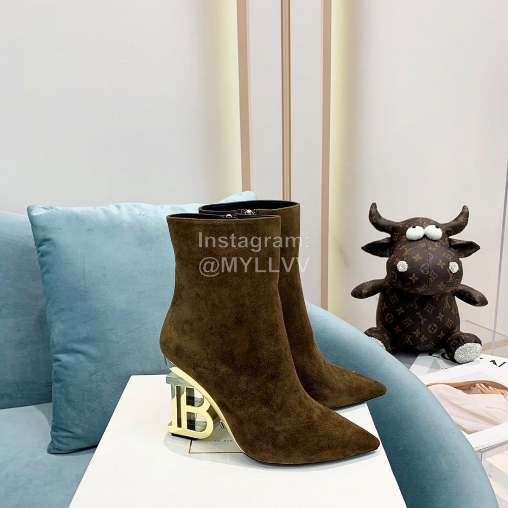 Balmain Autumn Winter New Velvet Cowhide Pointed B Heel Short Boots For Women Coffee