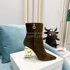 Balmain Autumn Winter New Velvet Cowhide Pointed B Heel Short Boots For Women Coffee