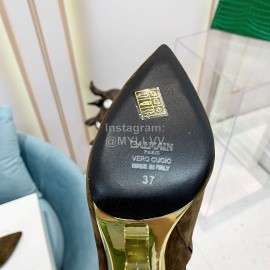 Balmain Autumn Winter New Velvet Cowhide Pointed B Heel Short Boots For Women Coffee