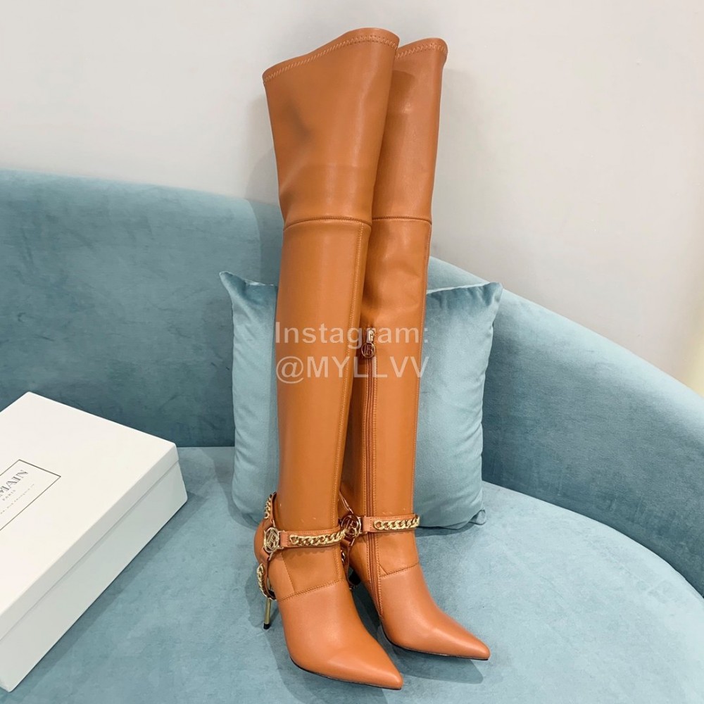 Balmain Autumn Winter New Pointed Letter Chain Long Boots For Women Brown