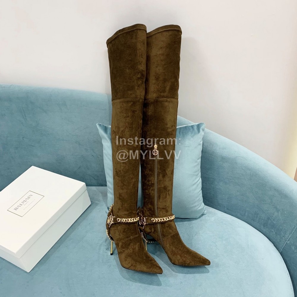 Balmain Autumn Winter New Velvet Pointed Letter Chain Long Boots For Women 