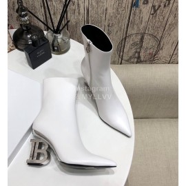 Balmain Autumn Winter Cowhide Pointed B Heel Short Boots For Women White