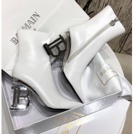 Balmain Autumn Winter Cowhide Pointed B Heel Short Boots For Women White