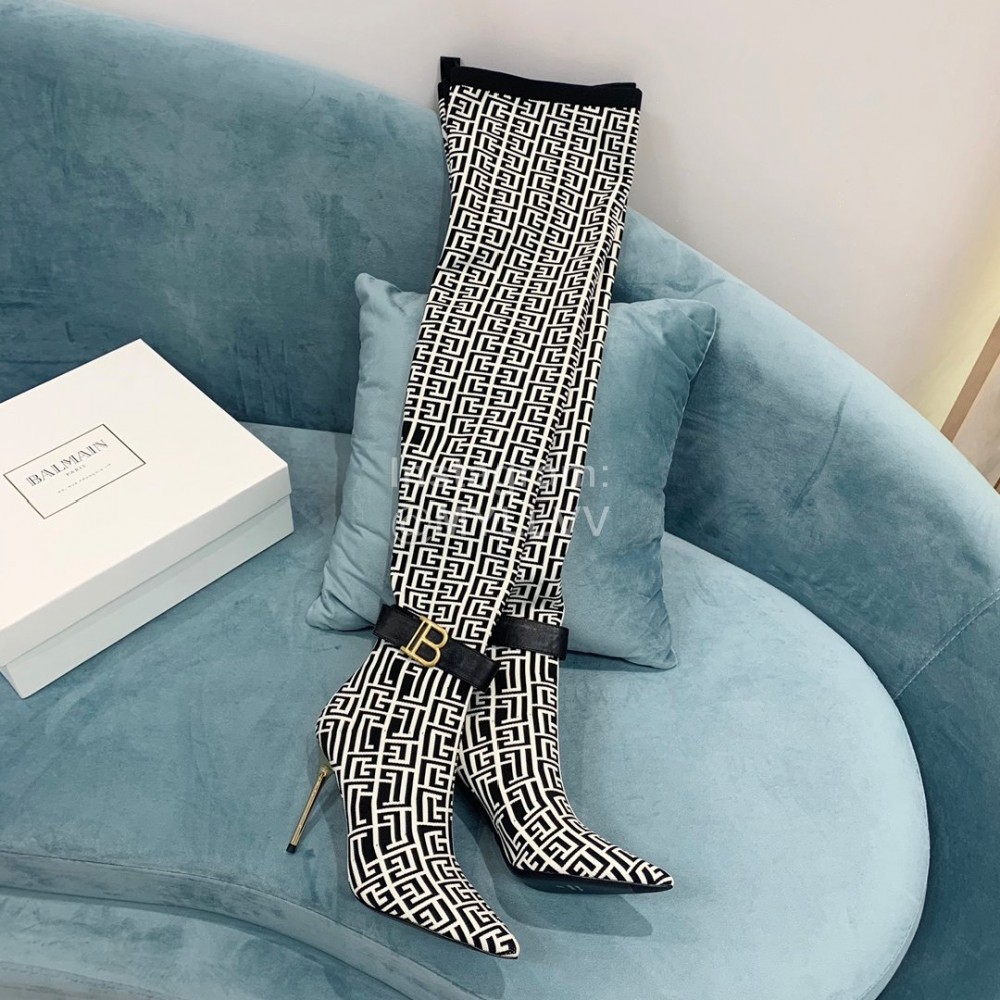 Balmain Skye Knitted High Heeled Long Boots For Women White