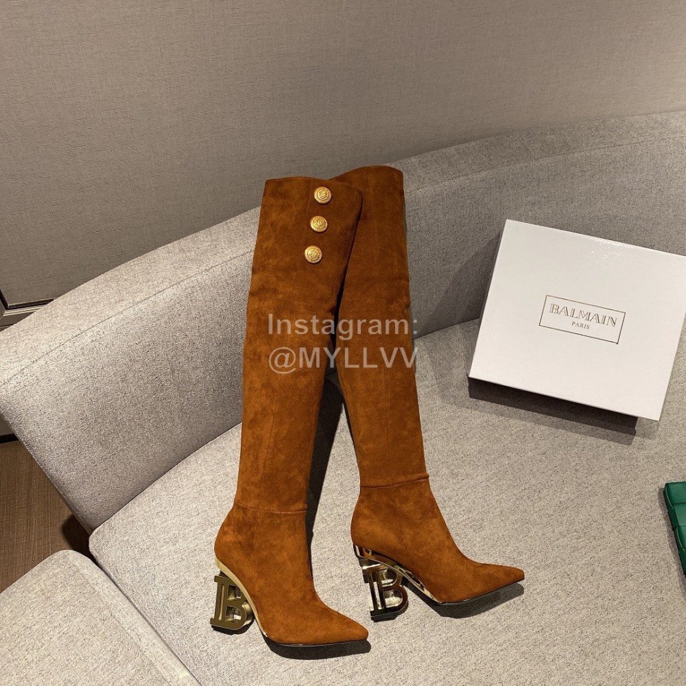 Balmain Fashion Sheepskin Knee High Elastic Heels For Women Brown