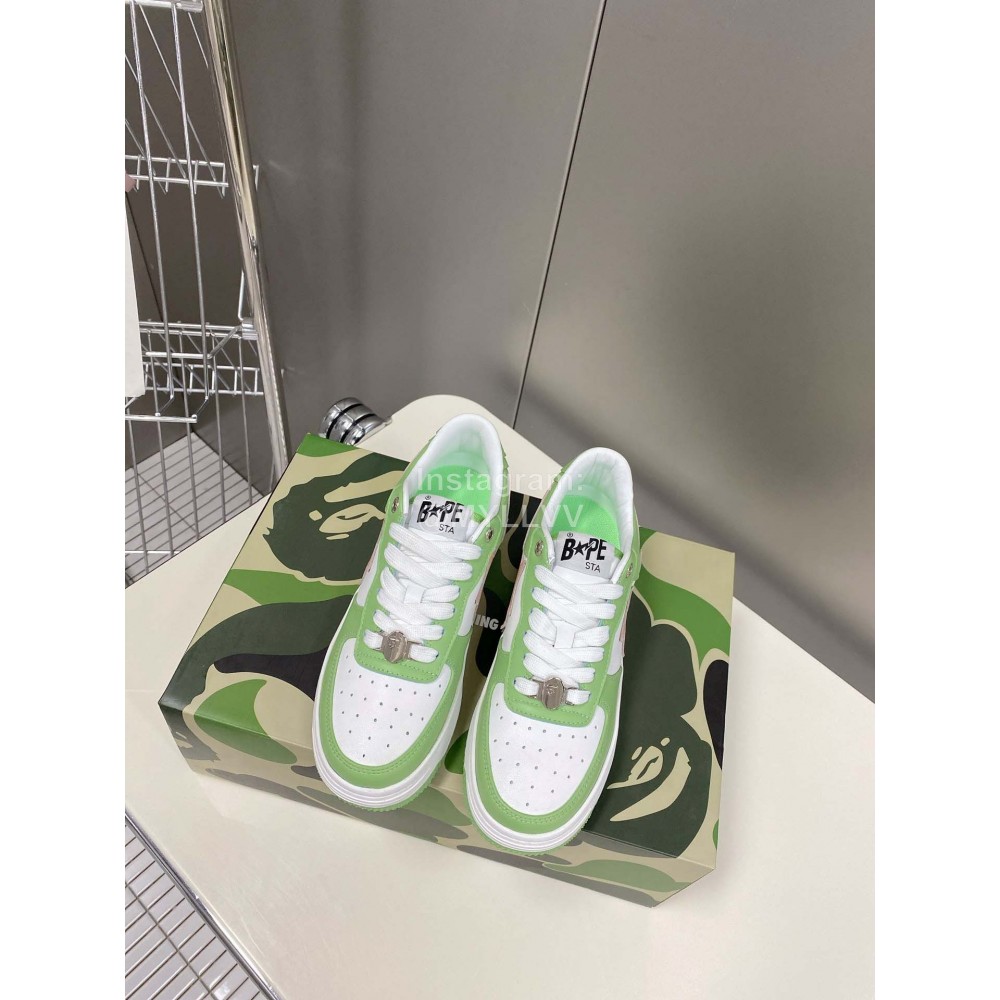Bape Sta New Leather Lace Up Sneakers White Green