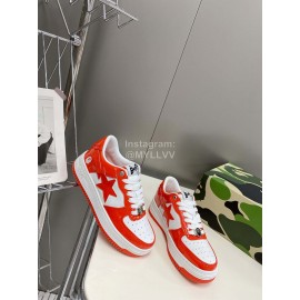Bape Sta New Leather Lace Up Sneakers White Orange