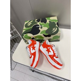 Bape Sta New Leather Lace Up Sneakers White Orange
