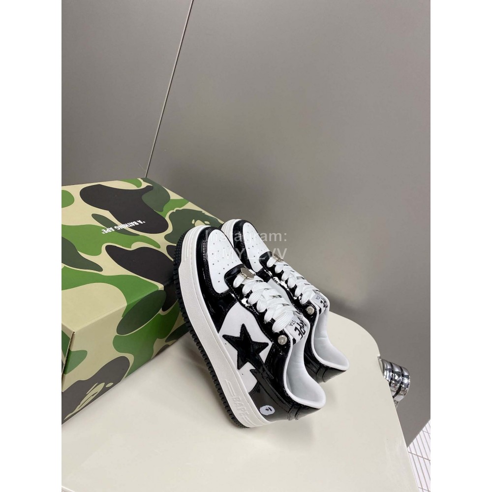 Bape Sta New Leather Lace Up Sneakers White Black
