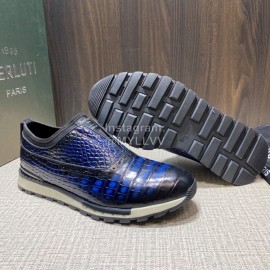 Berluti Fashion Plaid Calf Leather Casual Sneakers For Men Blue