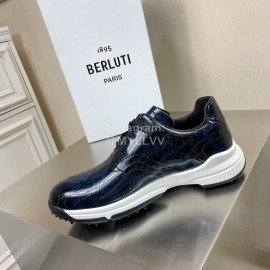 Berluti Leather Lace Up Sneakers Blue For Men