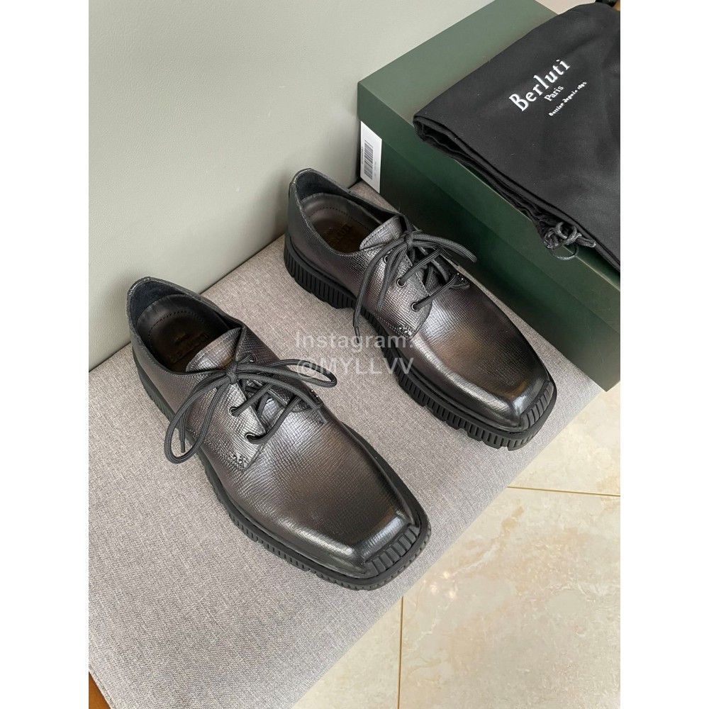 Berluti Lace Up Square Head Leather Shoes For Men Black