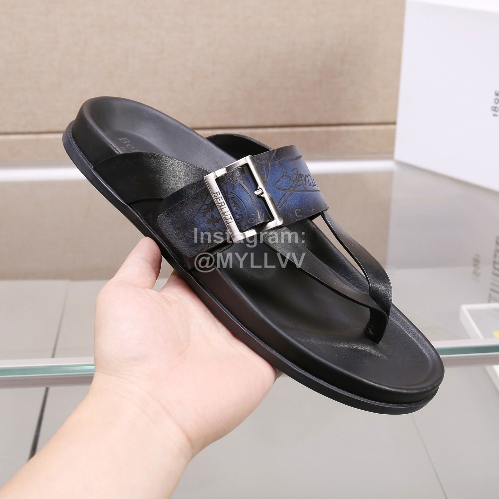 Berluti Egio Scritto Leather Flip Flops For Men Blue