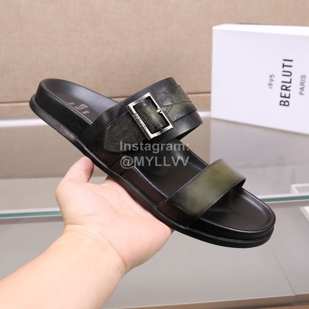 Berluti Egio Scritto Soft Leather Slippers For Men Green