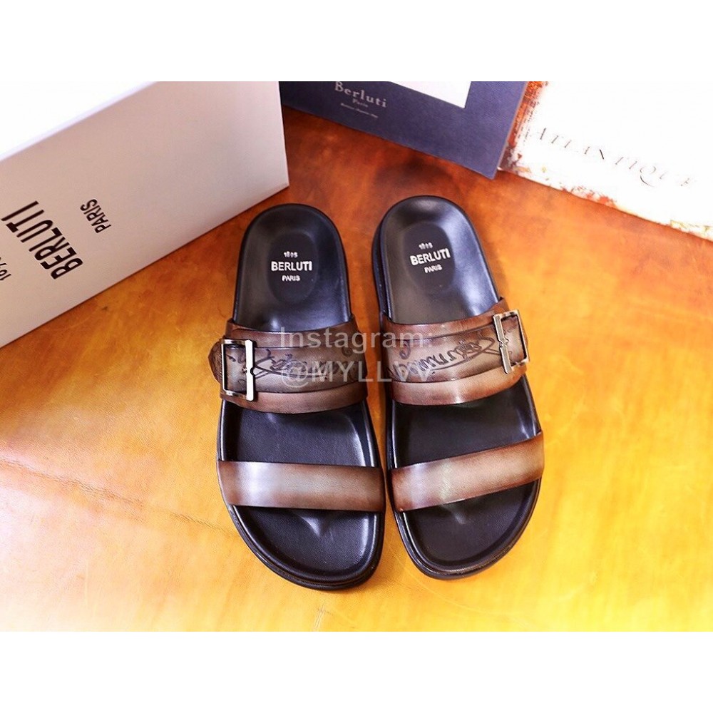 Berluti Egio Scritto Leather Metal Buckle Slippers For Men Brown