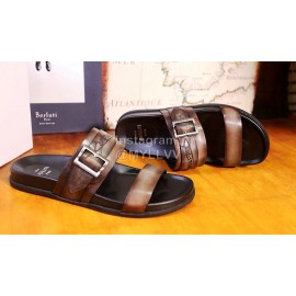 Berluti Egio Scritto Leather Metal Buckle Slippers For Men Brown