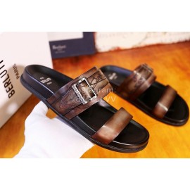 Berluti Egio Scritto Leather Metal Buckle Slippers For Men Brown
