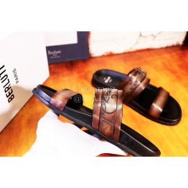 Berluti Egio Scritto Leather Metal Buckle Slippers For Men Brown