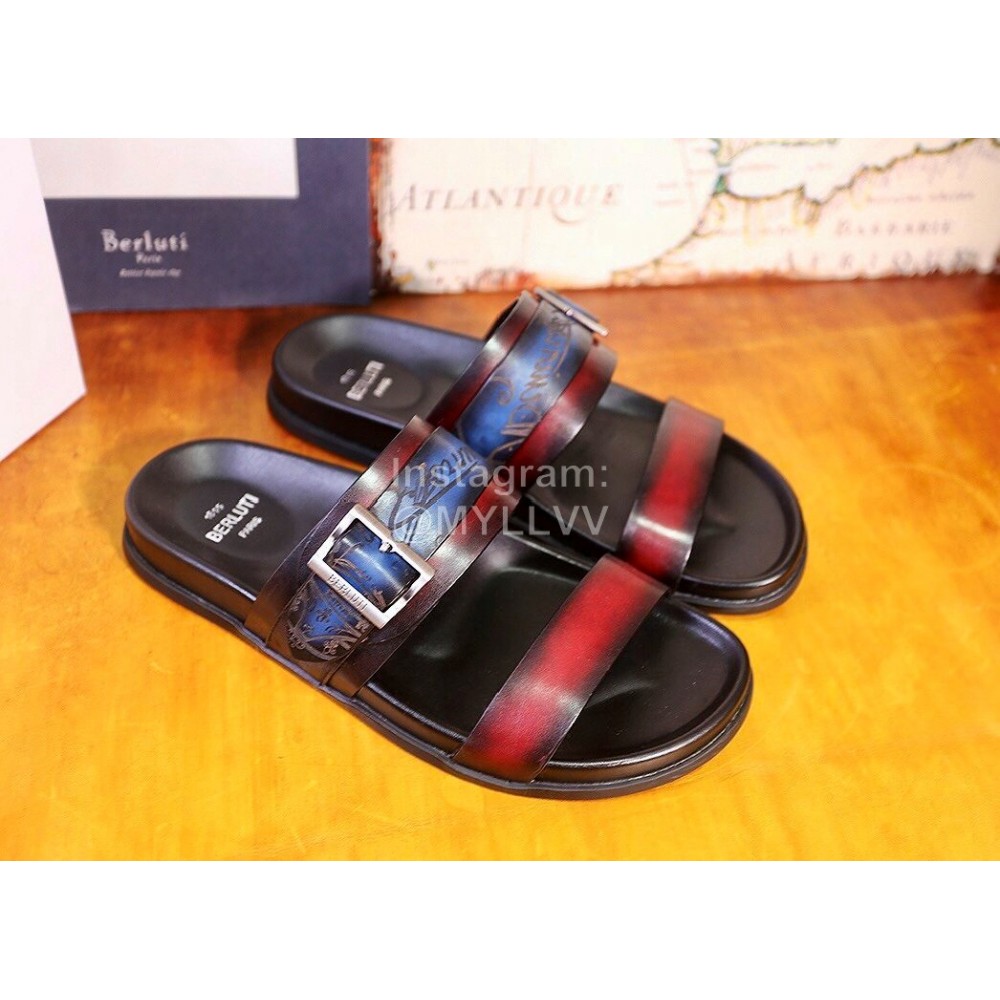 Berluti Egio Scritto Leather Metal Buckle Slippers For Men Blue