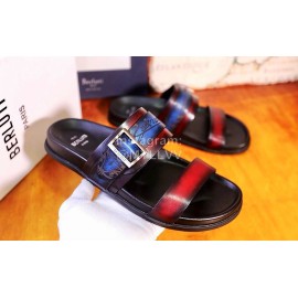 Berluti Egio Scritto Leather Metal Buckle Slippers For Men Blue