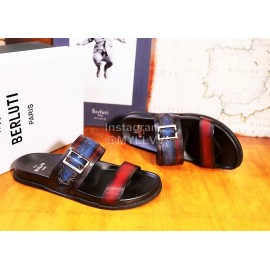 Berluti Egio Scritto Leather Metal Buckle Slippers For Men Blue