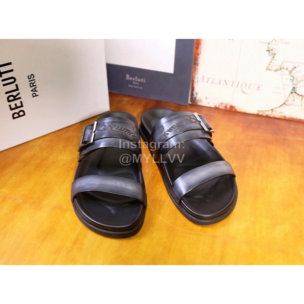 Berluti Egio Scritto Leather Metal Buckle Slippers For Men Gray