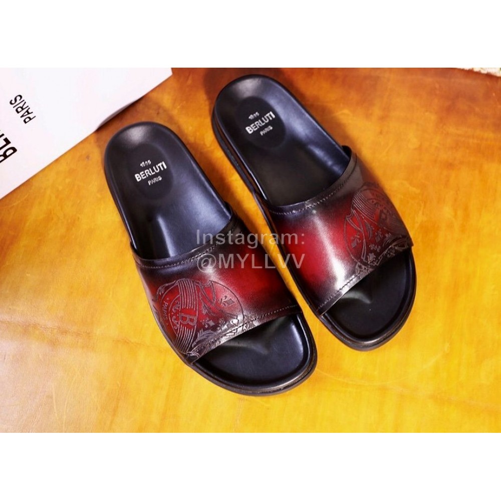 Berluti Egio Scritto Printed Leather Slippers For Men Reddish Brown