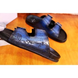 Berluti Egio Scritto Metal Buckle  Leather Slippers For Men Blue