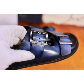 Berluti Egio Scritto Metal Buckle  Leather Slippers For Men Blue