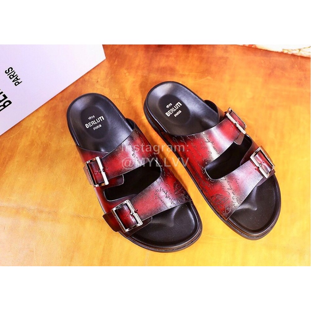 Berluti Egio Scritto Metal Buckle  Leather Slippers For Men Reddish Brown