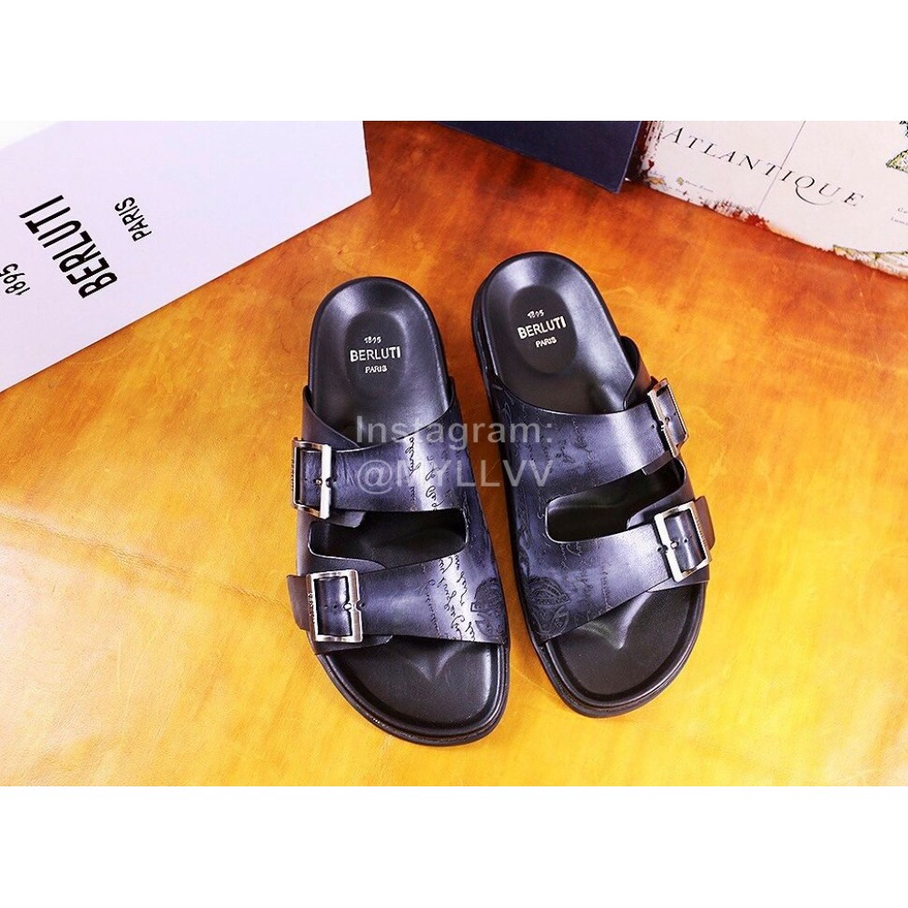 Berluti Egio Scritto Metal Buckle  Leather Slippers For Men Grayish Purple