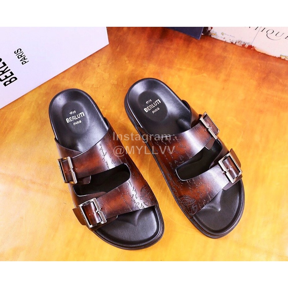 Berluti Egio Scritto Metal Buckle  Leather Slippers For Men Brown