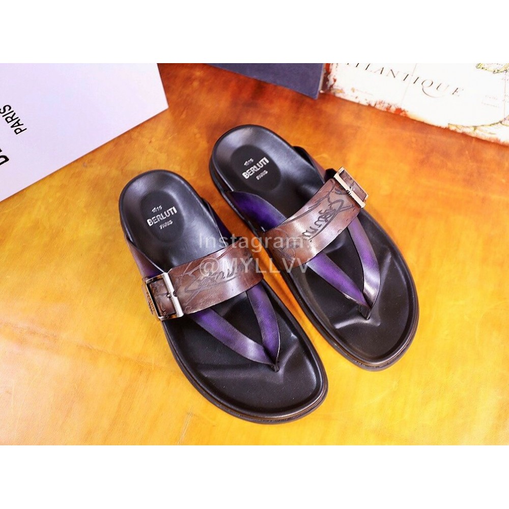 Berluti Egio Scritto Metal Buckle  Leather Flip Flops For Men Brown