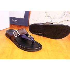 Berluti Egio Scritto Metal Buckle  Leather Flip Flops For Men Brown