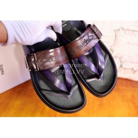 Berluti Egio Scritto Metal Buckle  Leather Flip Flops For Men Brown