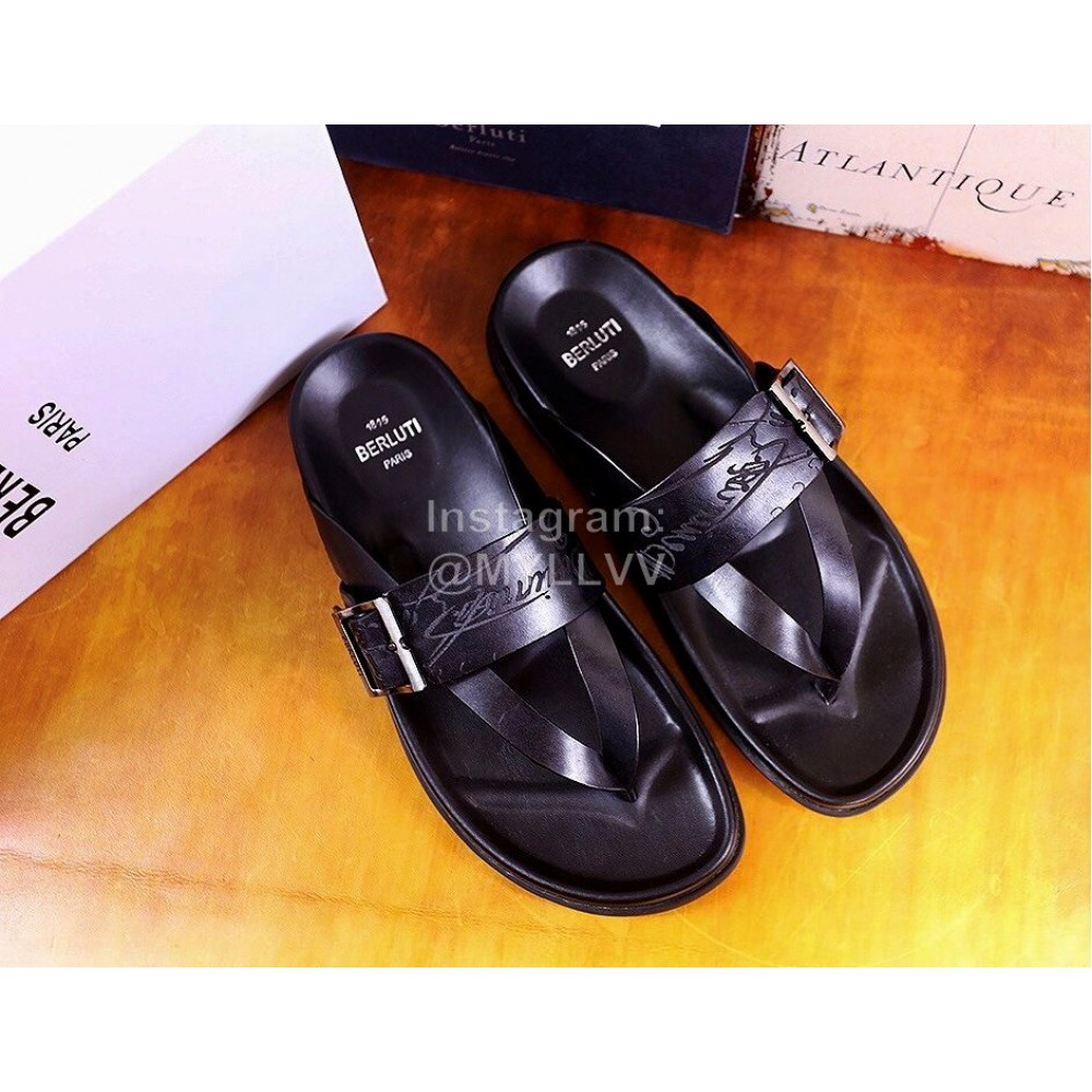 Berluti Egio Scritto Metal Buckle  Leather Flip Flops For Men Black