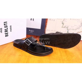 Berluti Egio Scritto Metal Buckle  Leather Flip Flops For Men Black