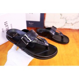 Berluti Egio Scritto Metal Buckle  Leather Flip Flops For Men Black