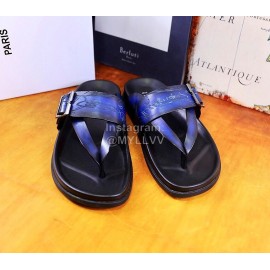 Berluti Egio Scritto Metal Buckle  Leather Flip Flops For Men Blue