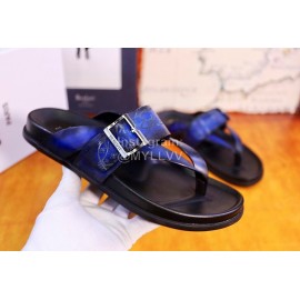 Berluti Egio Scritto Metal Buckle  Leather Flip Flops For Men Blue