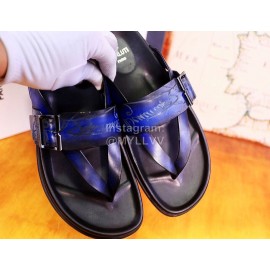 Berluti Egio Scritto Metal Buckle  Leather Flip Flops For Men Blue