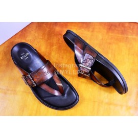 Berluti Egio Scritto Metal Buckle  Leather Flip Flops For Men Coffee