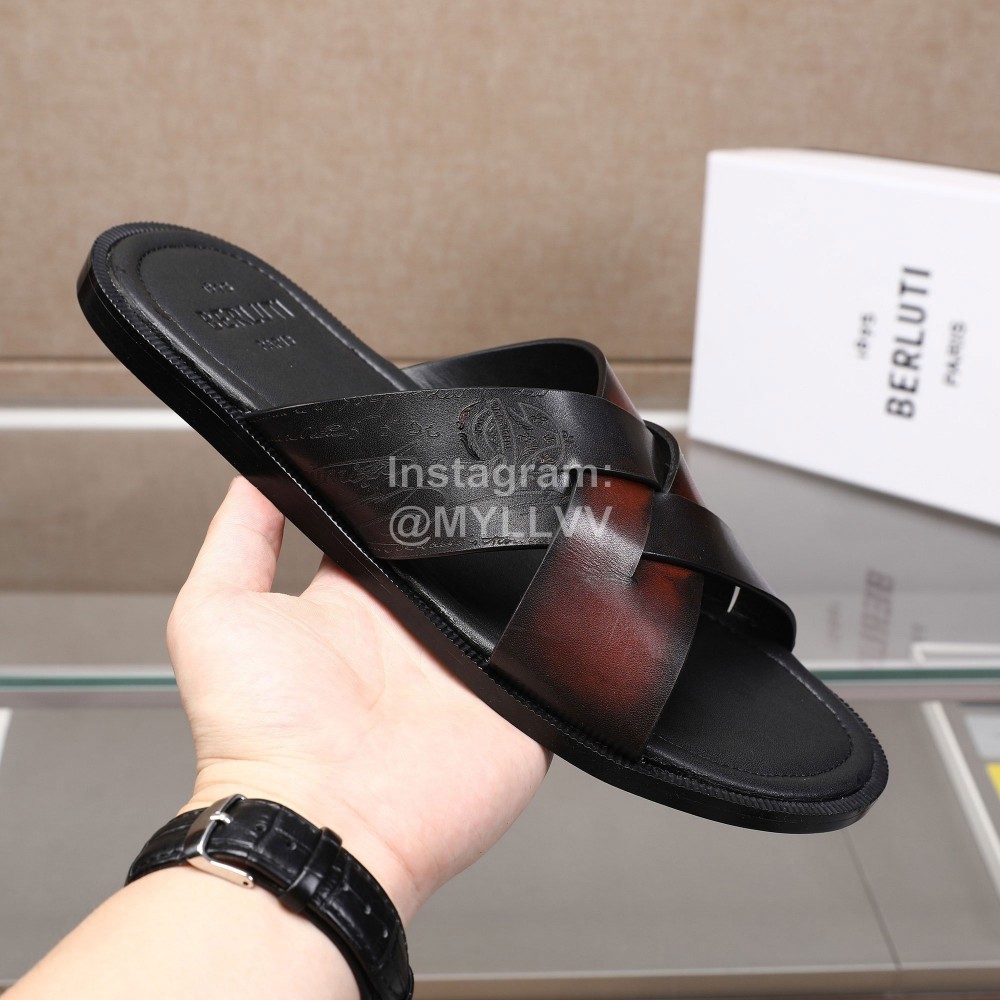 Berluti Egio Scritto Soft Leather Slippers Reddish Brown For Men 