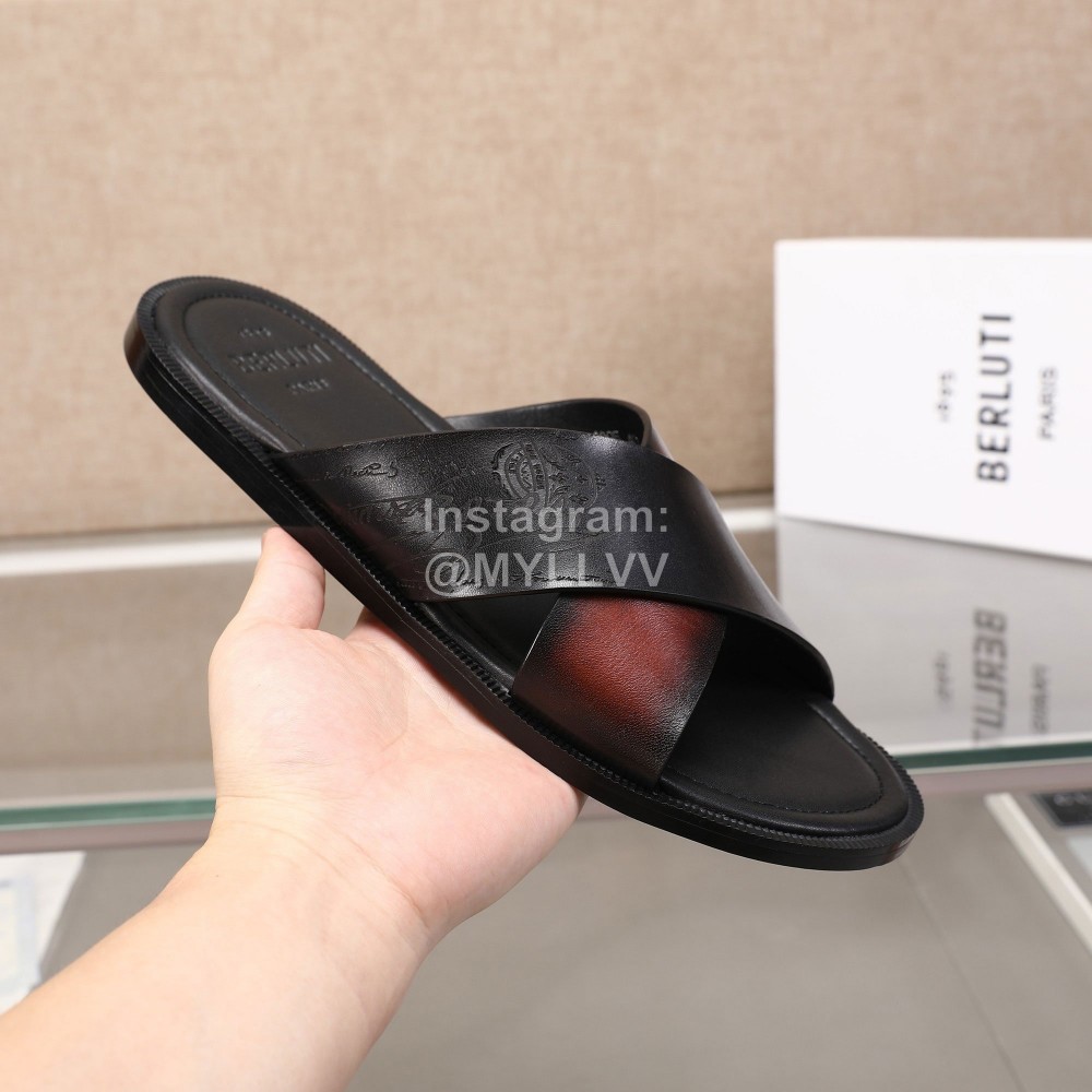 Berluti Egio Scritto Woven Cowhide Slippers Reddish Brown For Men 