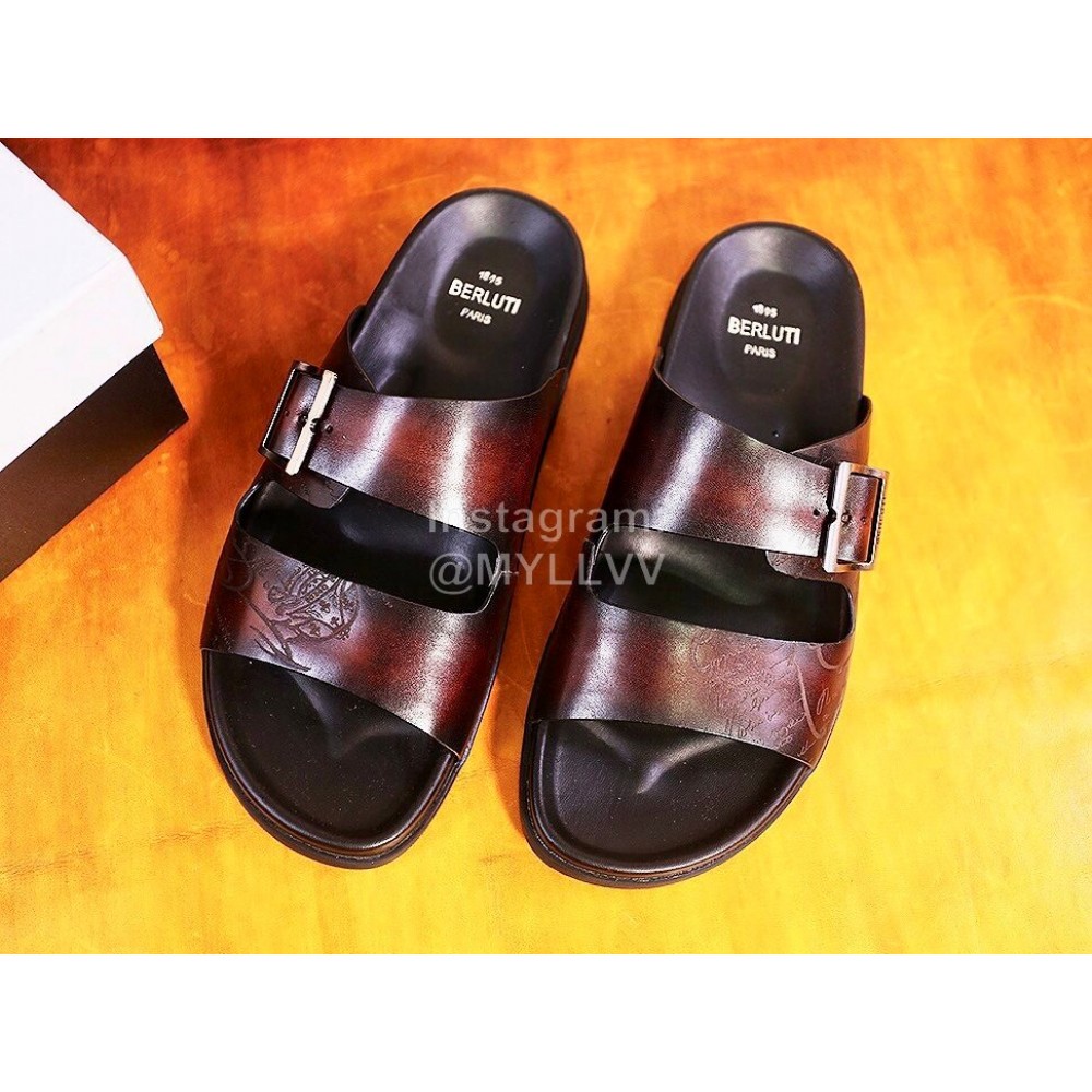 Berluti Egio Scritto Fashion Leather Slippers For Men Brown