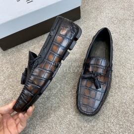 Berluti Crocodile Embossed Leather Tassel Shoes For Men Coffee