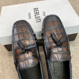 Berluti Crocodile Embossed Leather Tassel Shoes For Men Coffee