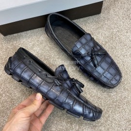 Berluti Crocodile Embossed Leather Tassel Shoes For Men Dark Gray