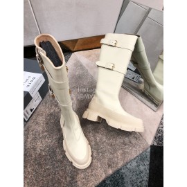 Both Cowhide Thick High Heeled Long Boots For Women White