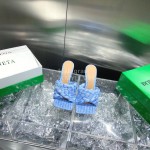 Bottega Veneta Spring Summer Fashion Woven Sheepskin High Heel Slippers Blue